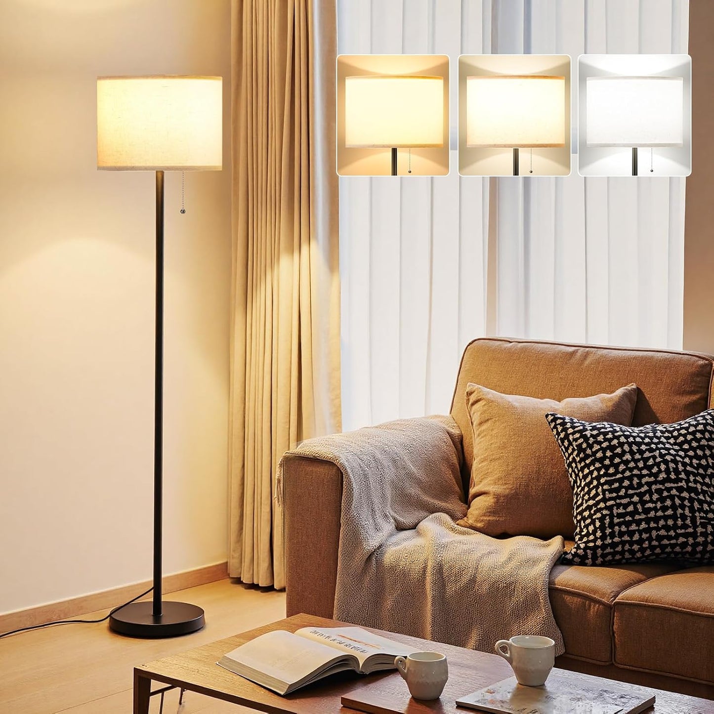 Ambimall Modern Standing Floor Lamp for Living Room & Bedroom with 3 Color Temperatures Bulb & Pull Chain Switch, 60"
