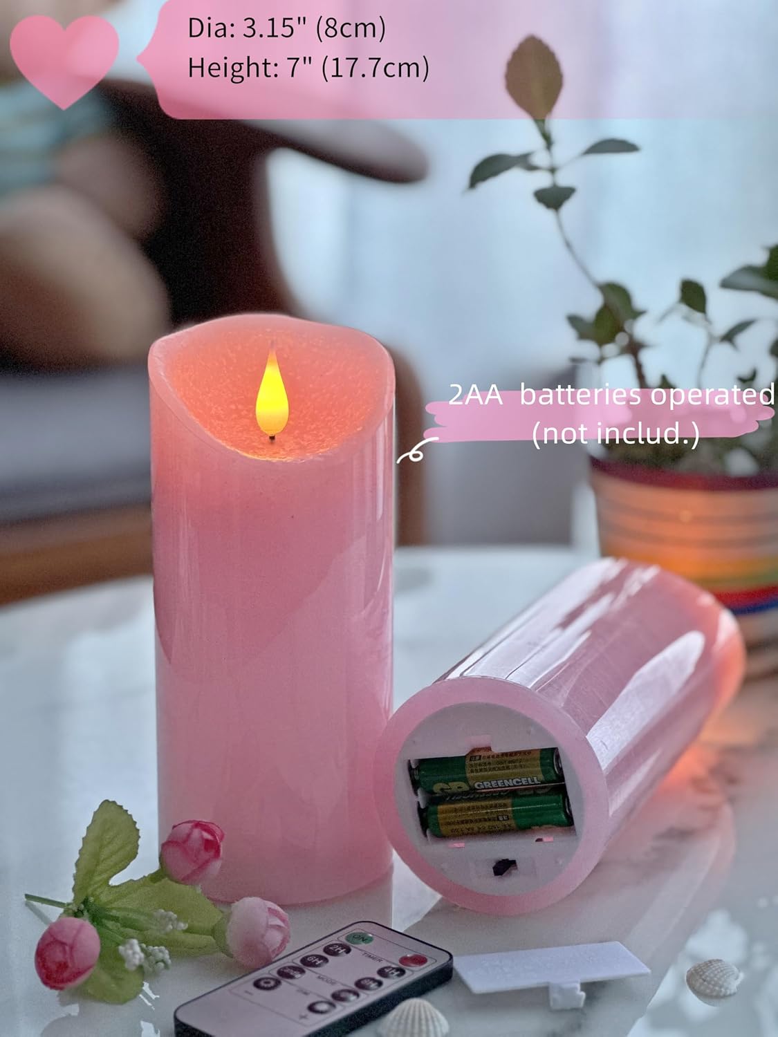 Adoria Large Pink Flameless Candles Pack of 2, 7 inch Height | Pink Pillar candles set 2 Rose Scented, Home Decor