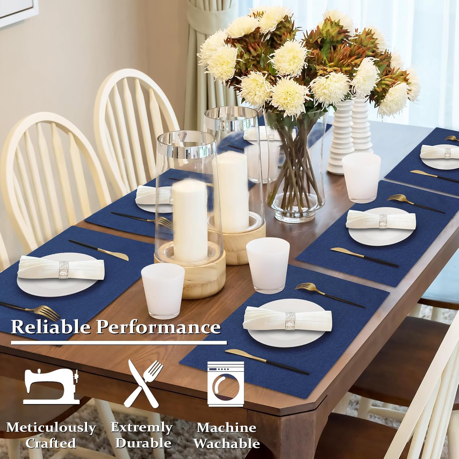 Cloth Placemats Set of 6, Cotton Linen Blend Place Mats, Navy Blue | Machine Washable, Double Layered, Heat Resistant