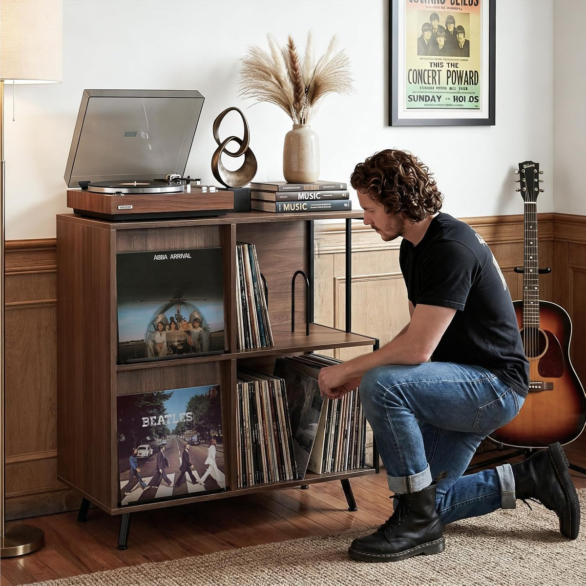 Faesun 3 Tier Record Player Stand with Flip-Down Record Shelf, Walnut | Vinyl Record Storage Holds up to 300+ Albums