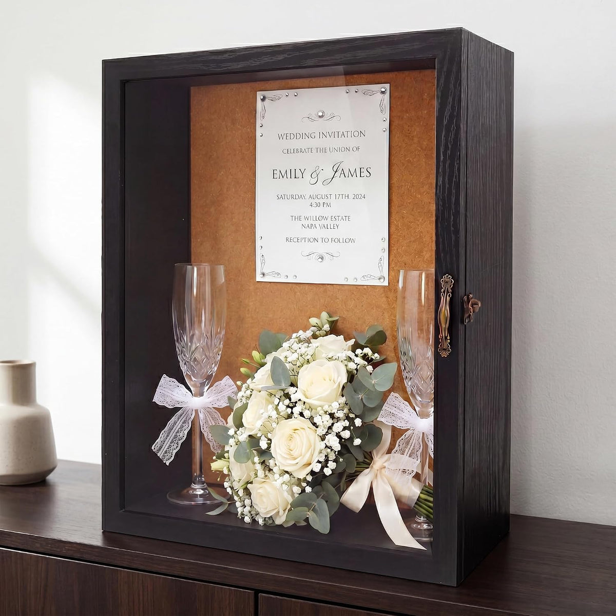 5 Inch Extra Deep Shadow Box Frame, 12x16 Black for Memorabilia Display | Front Opening Retro Lock, with 10 Pins, Clear