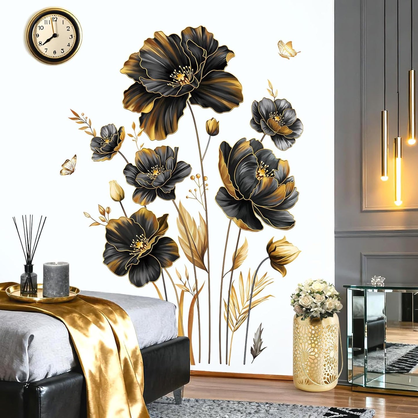 Large Gold Flower Wall Stickers Floral Gold Leaves Plants Butterfly Wall Decals Bedroom / Black