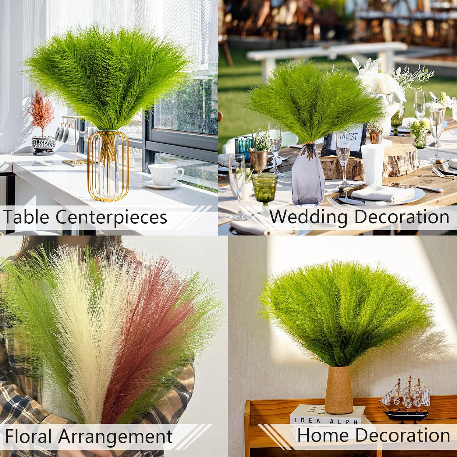 10 Stems 17.7" Artificial Pampas Grass Bouquet Small Pompas Floral Arrangement / Grass Green