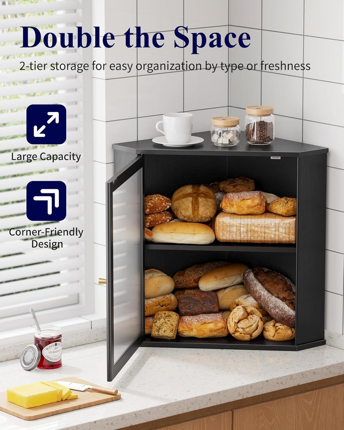 Kitsure Wooden Corner Bread Box for Kitchen Countertop, Large, Black | 2-Tier Bread Container with Magnetic Acrylic