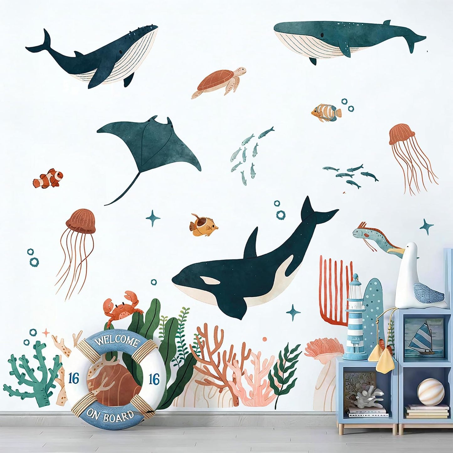 Large Ocean Wall Decals Jellyfish Whales Watercolor Peel and Stick Removable Under / Ocean Animals-b
