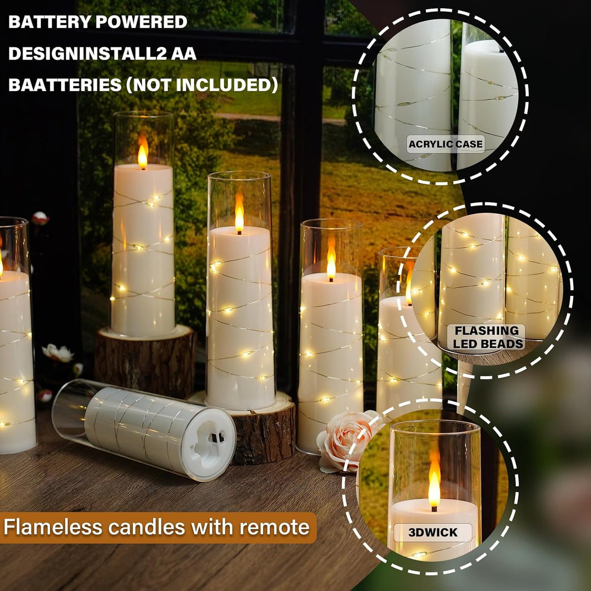 Nimiko Flickering Flameless LED Candles,Battery Operated Candles 24 Pcs with Embedded Star String,Acrylic LED Pillar
