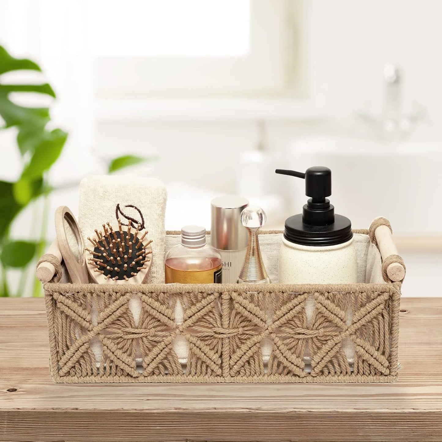 Macrame Storage Basket Boho Decor Baskets for Organizing Woven Decorative Basket / Beige