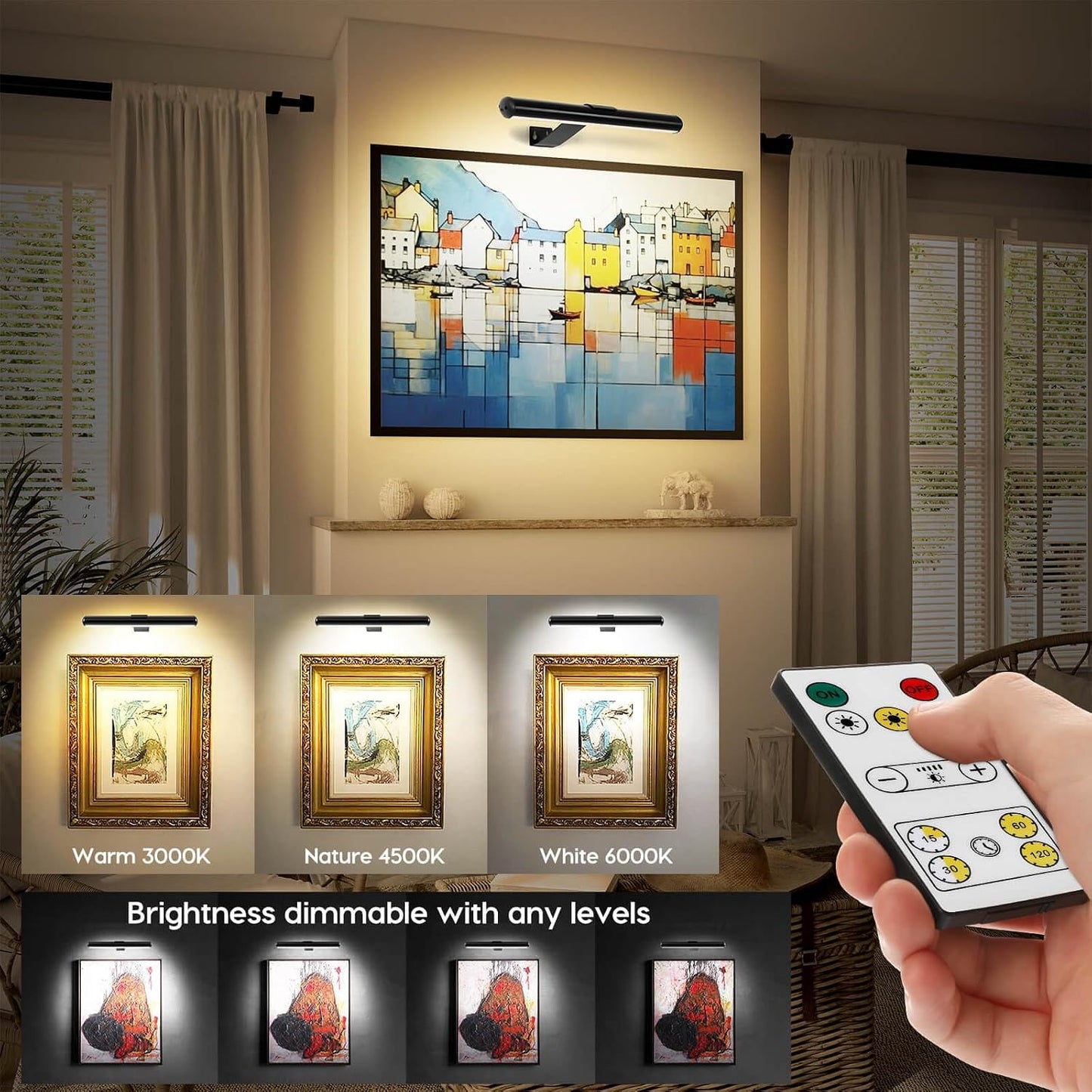 Picture Light Battery,Brightness Dimmable Timer Setting,Rechargeable Painting Light for Pictures Display Art on Wall