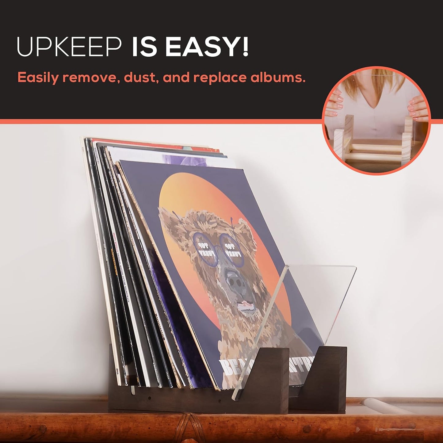 Vinyl Record Storage Holder - Stacks up to 30 Albums, 7 or 12 inch - Solid Wood Stand with Clear Acrylic Ends - Display
