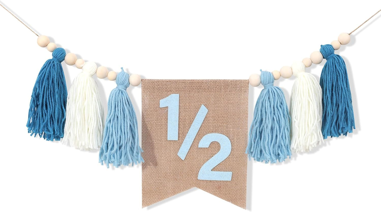 Pink Tassel Wood Bead Highchair / 1/2 Blue Banner
