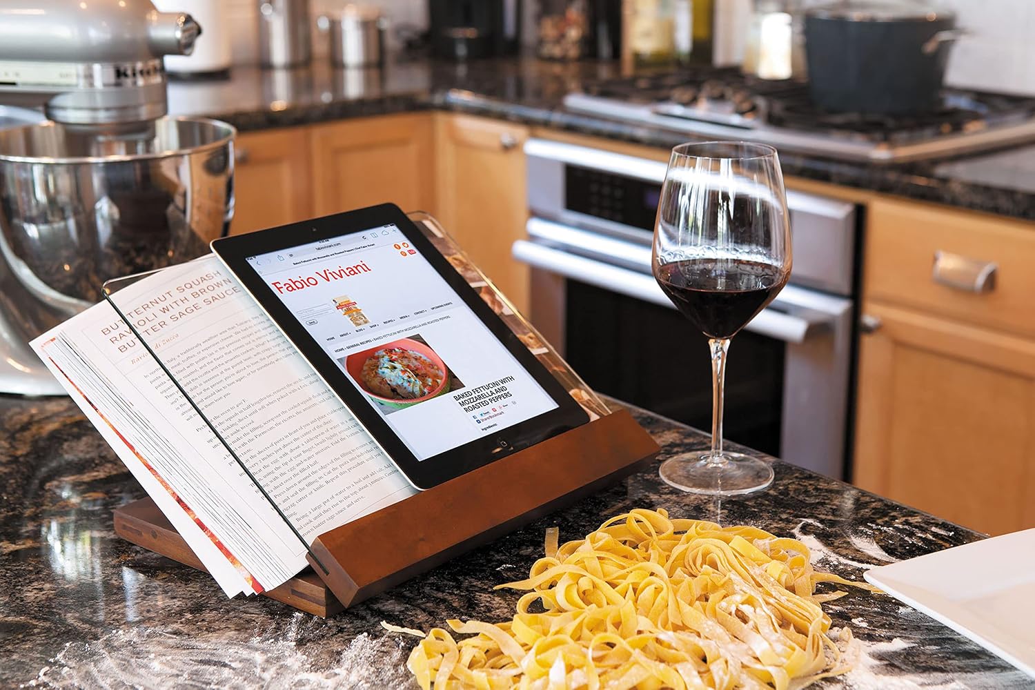 PICNIC TIME Fabio Viviani Prodigio Cookbook Stand with Tempered Glass, Recipe Stand, Kitchen Cookbook Holder, (Acacia