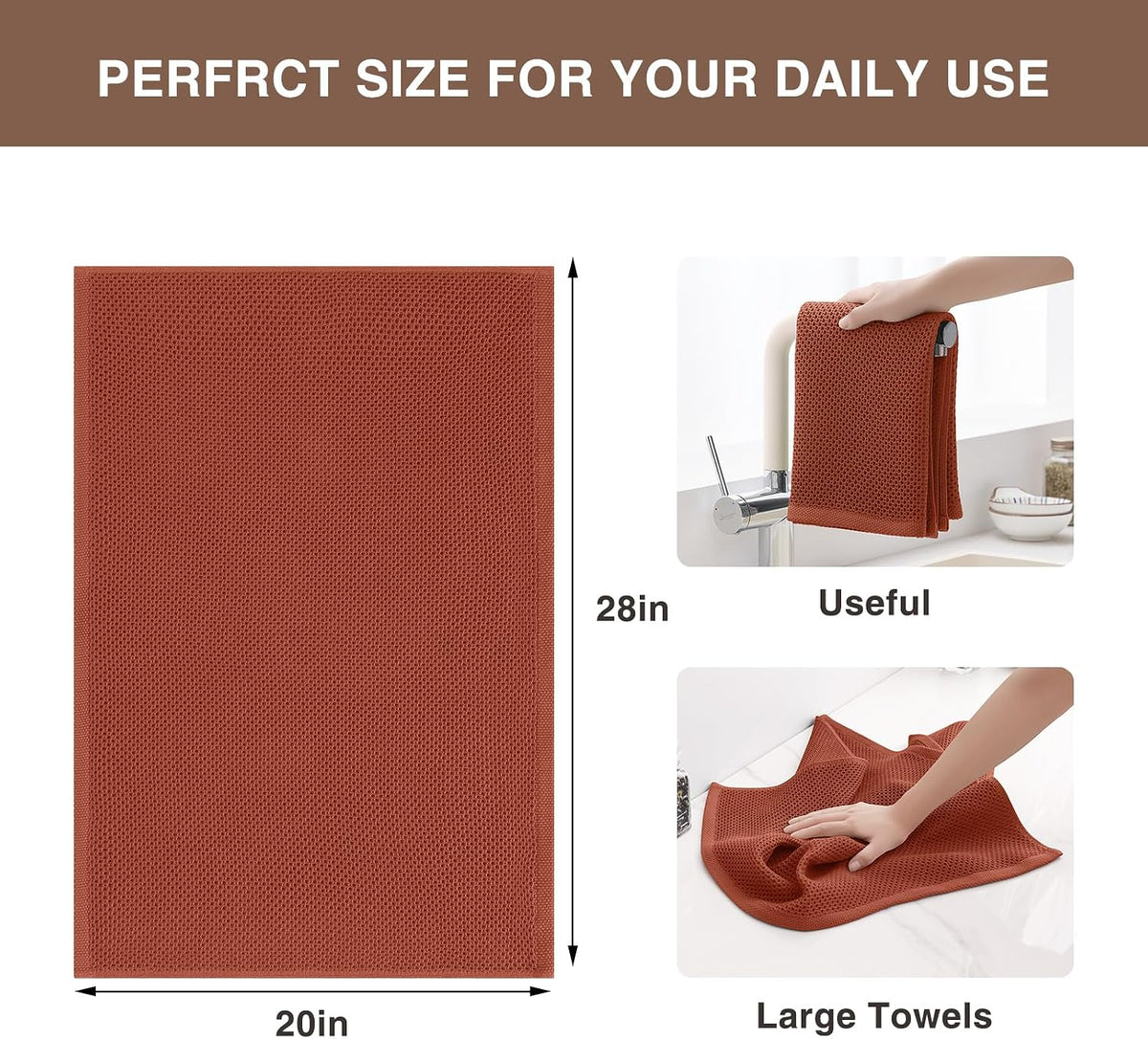 Homaxy 100% Cotton Oversized Waffle Weave Kitchen Towels 4-Pack, Rust | 20 x 28 Inches, Ultra Soft Absorbent Dish