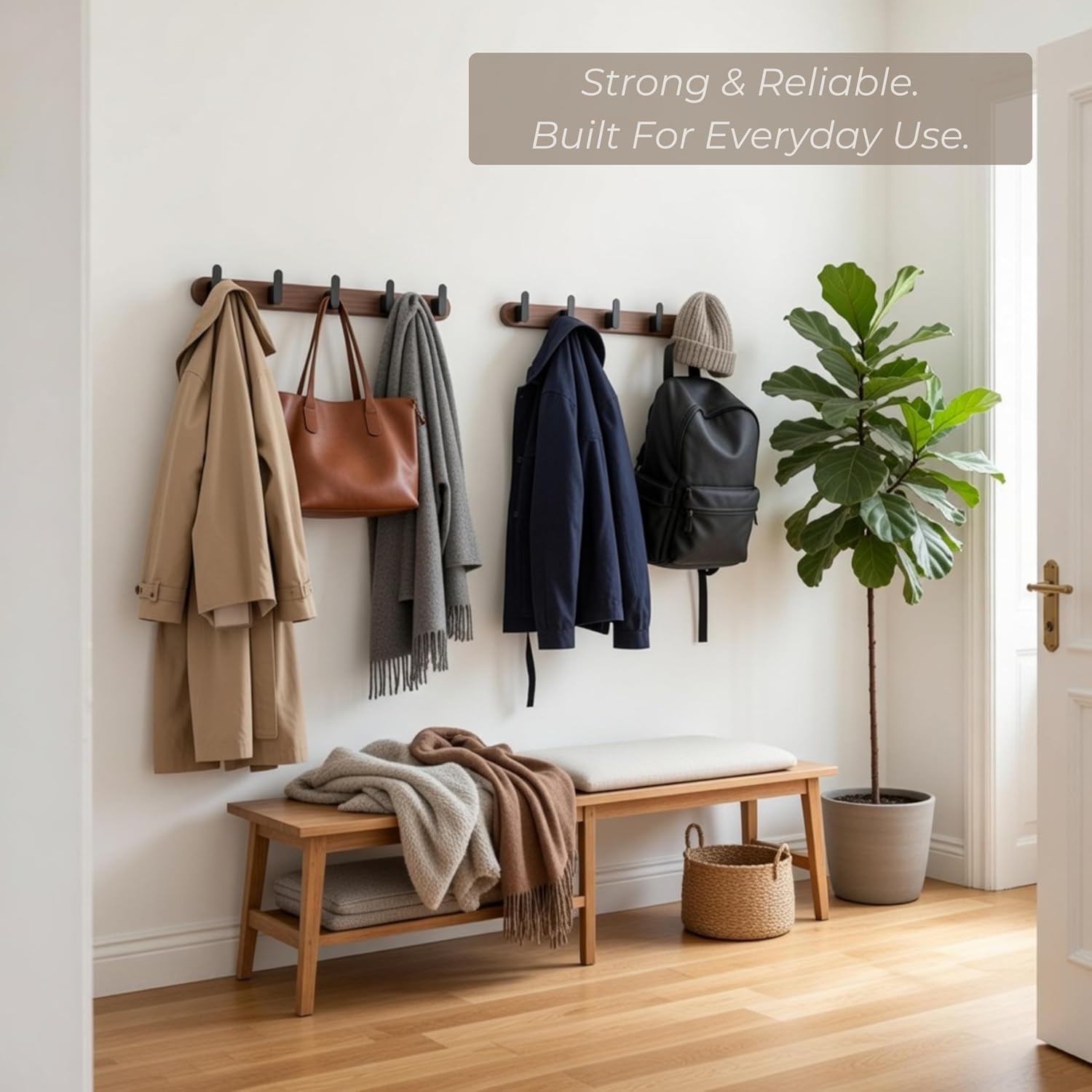 Jugen Coat Rack Wall Mount – Solid Black Walnut with 5 Heavy Duty Matte Black Hooks, Wooden Wall Coat Rack for