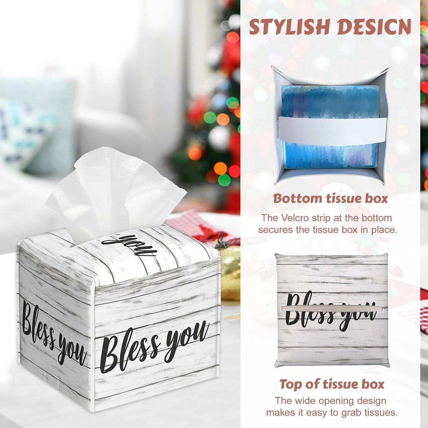 Tissue Box Holder Leather Facial Paper Case Modern Home Decoration / Bless You Wood Grain