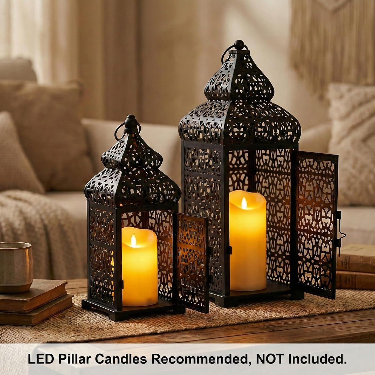 Vela Lanterns Decorative Indoor Moroccan Candle Holders, Black, Set of 2 | Halloween & Ramadan Decorations for Home