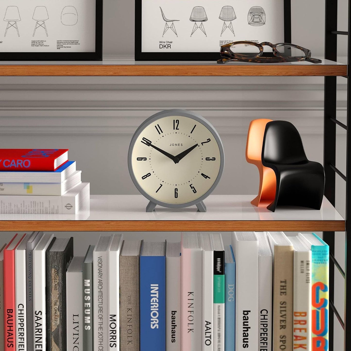 JONES CLOCKS® Venus Desk Clock | Modern Round Design | Gray | Stylish Retro Look for Shelf, Table, Mantel or Bedside