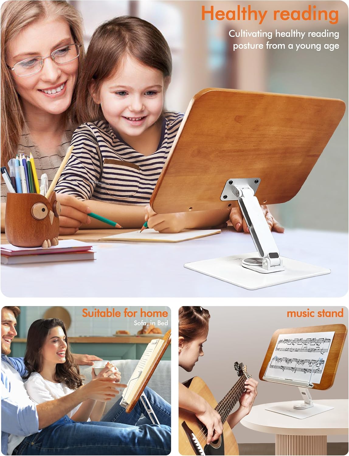 Book Stand for Reading, Adjustable Book Holder for Reading Hands Free, 360° Rotating Reading Stand, Large Rubberwood