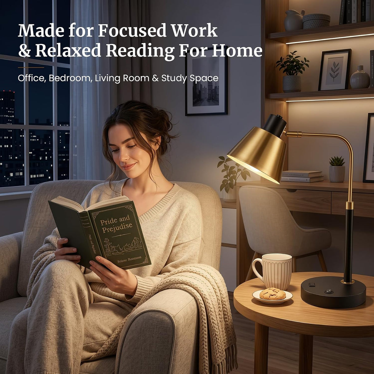 Desk Lamp with USB-C, USB-A and AC Outlet, Adjustable E26 Table Lamp for Home Office and Bedside Reading, Matte Black