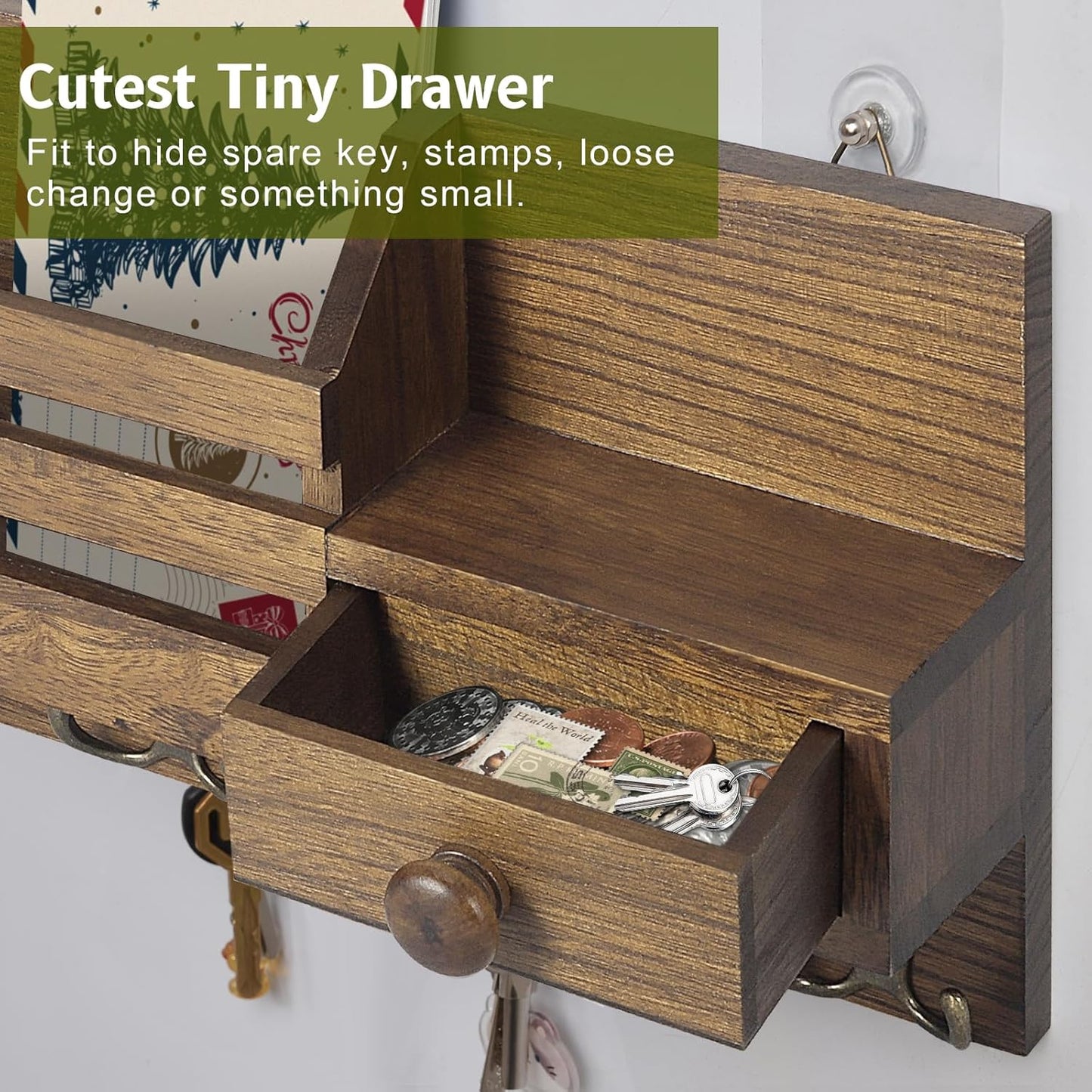 Wooden Adhesive Mail and Key Organizer / Brown