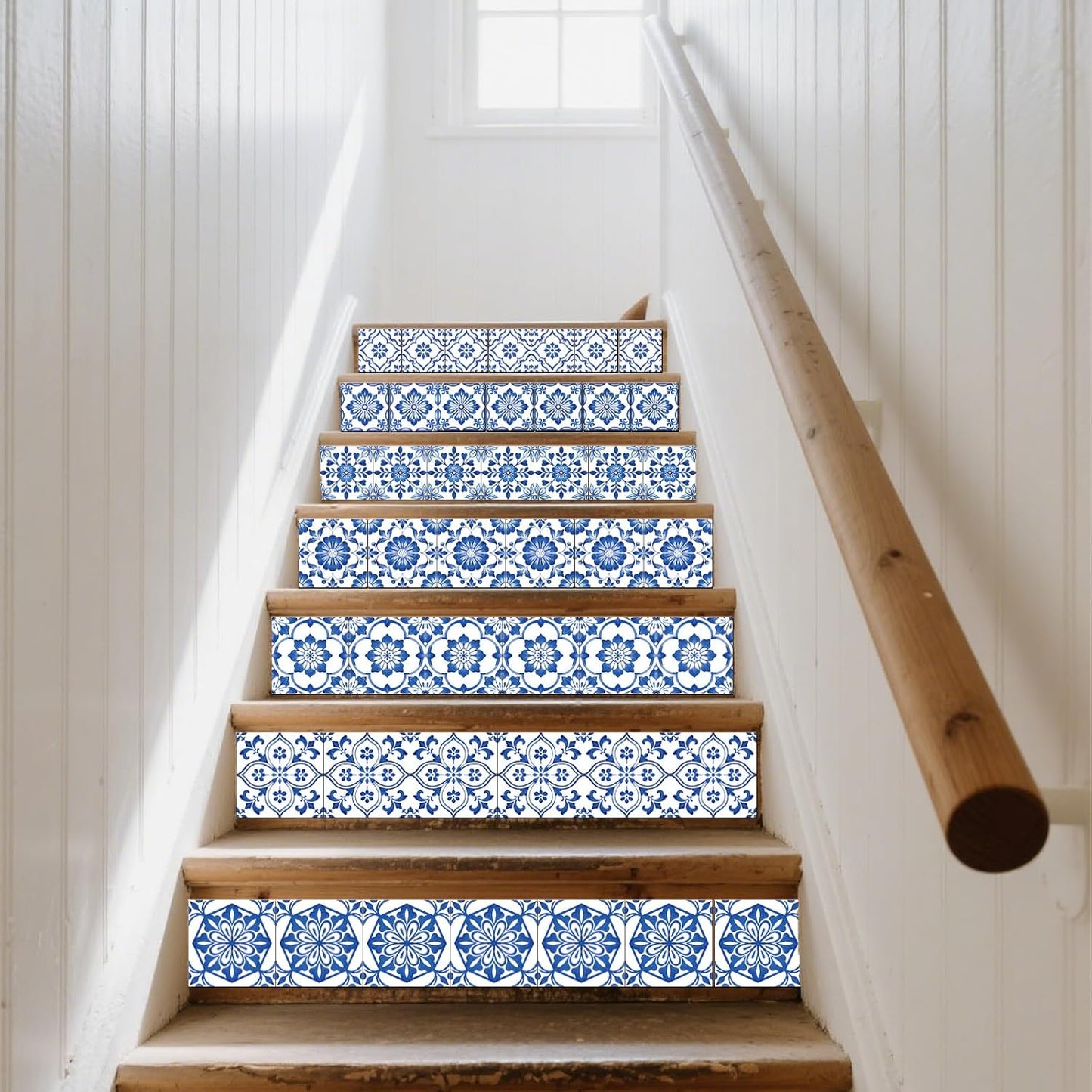 9 Style Textured Flowers Tile Stickers Relief Floral Peel and Stick / Blue and White / Set of 36