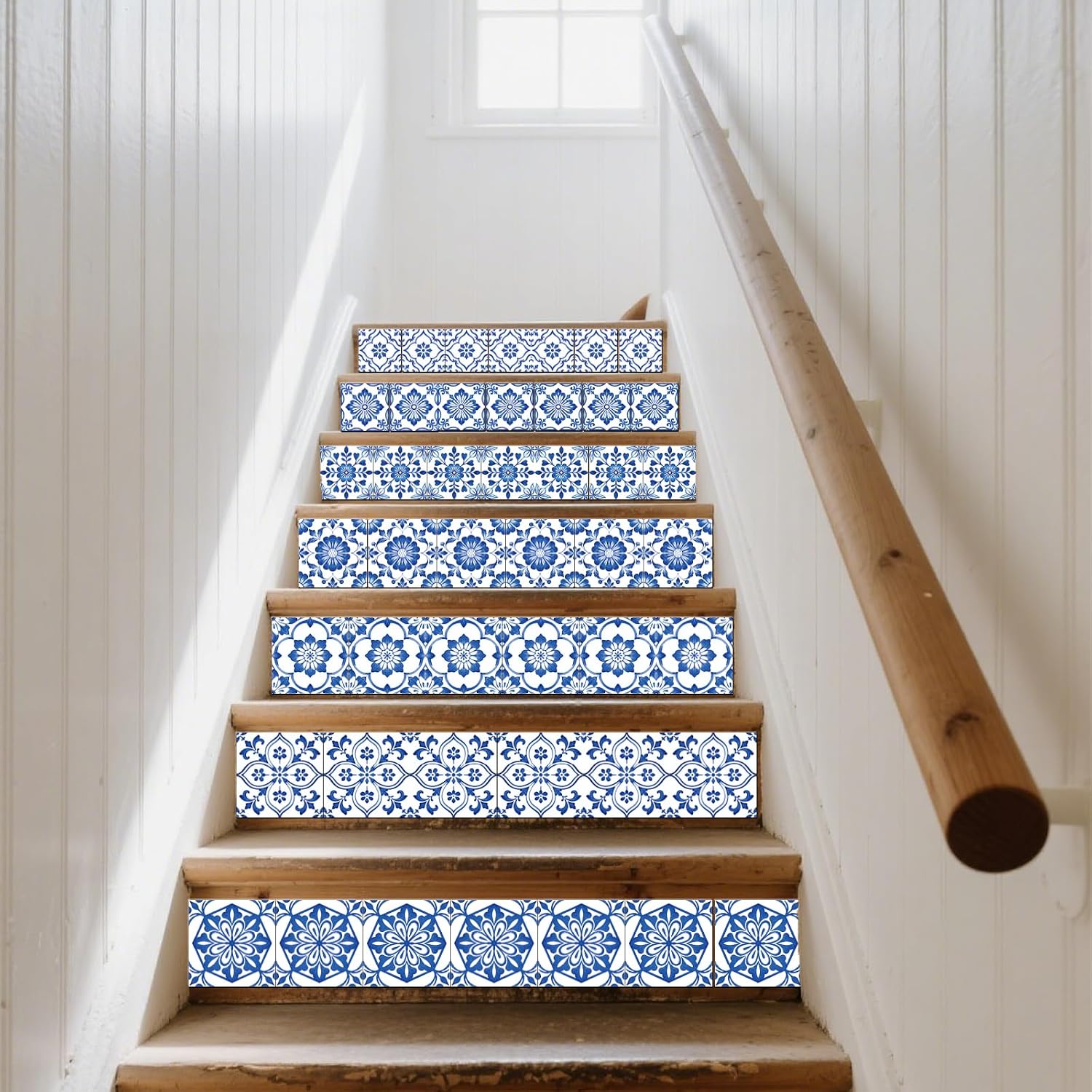 9 Style Textured Flowers Tile Stickers Relief Floral Peel and Stick / Blue and White / Set of 36