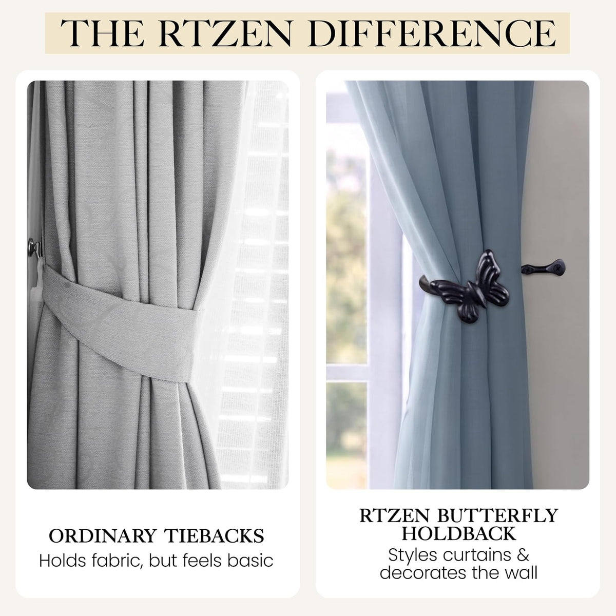 Metal Curtain Tiebacks, Drapery Holders for Wall, 2 Pcs | Farmhouse Wrought Iron Curtain Holdbacks, Ornamental Window