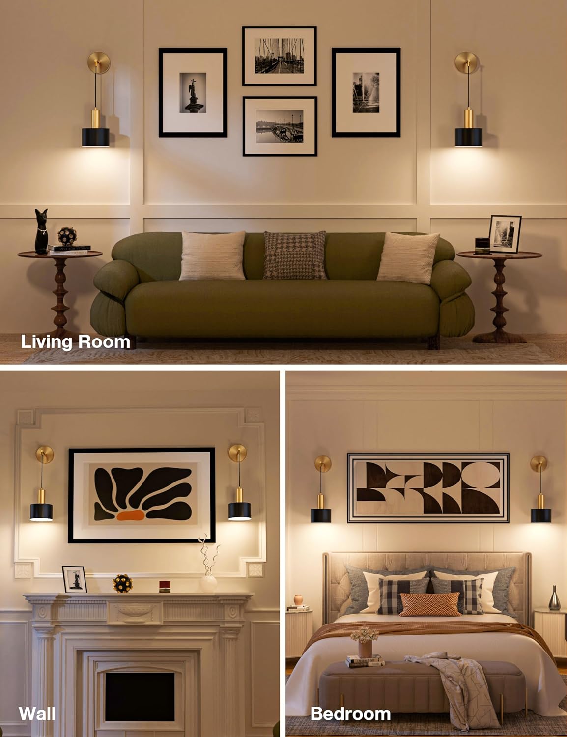 Battery Operated Wall Sconce Set of 2, Gold & Black Wireless Rechargeable Wall Lights with 5200mAh Dimmable Detachable