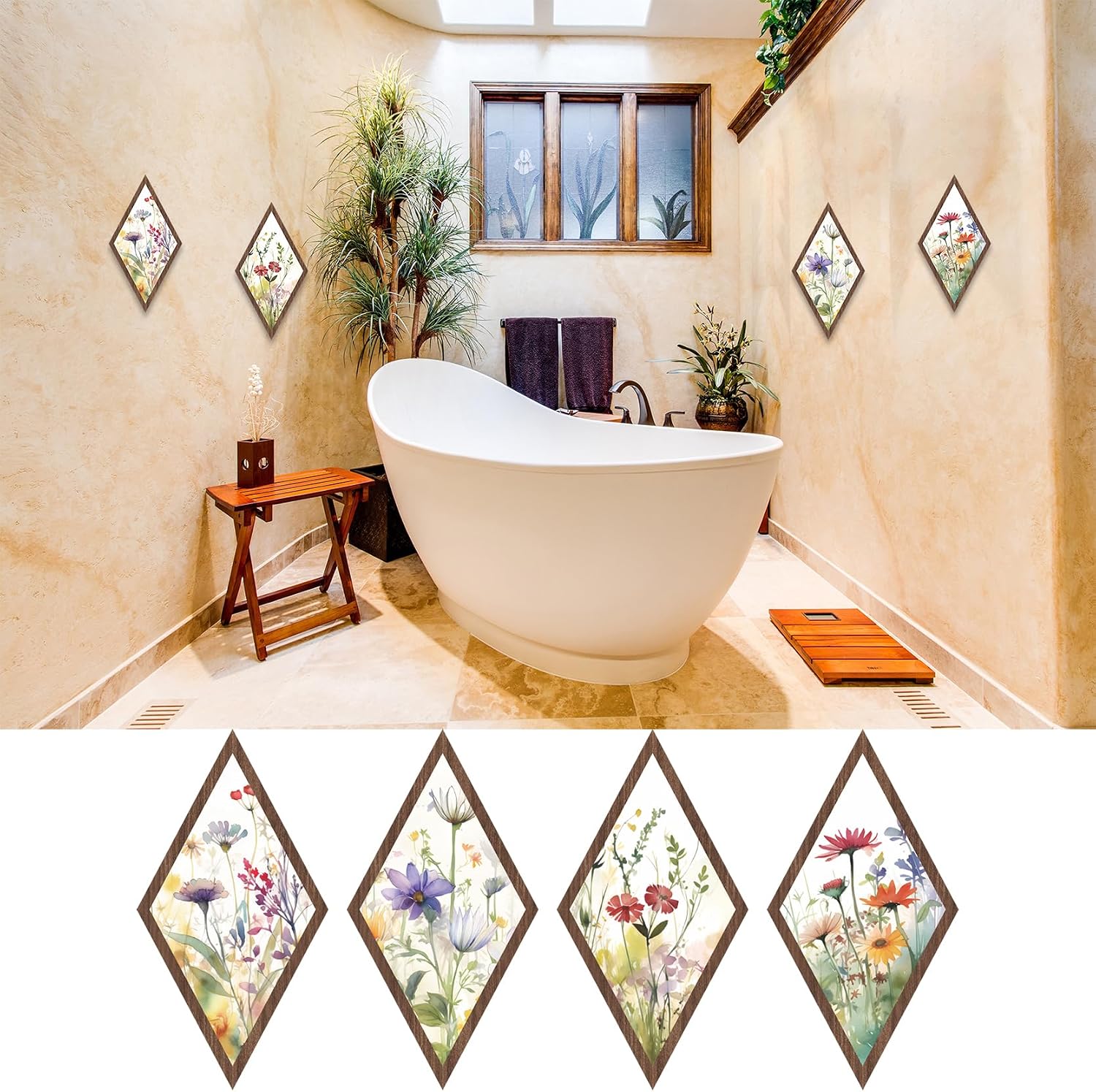 Wooden wildflower Wall Decor / Colors / 12.60 x 6.69 x 0.2 / Set of 4