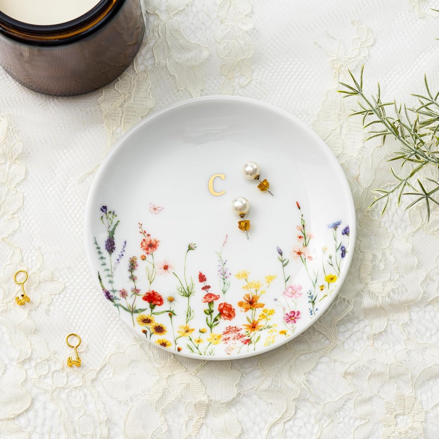 Ceramic Flower Trinket Dish for Rings Earrings Necklaces Keys / Initial C
