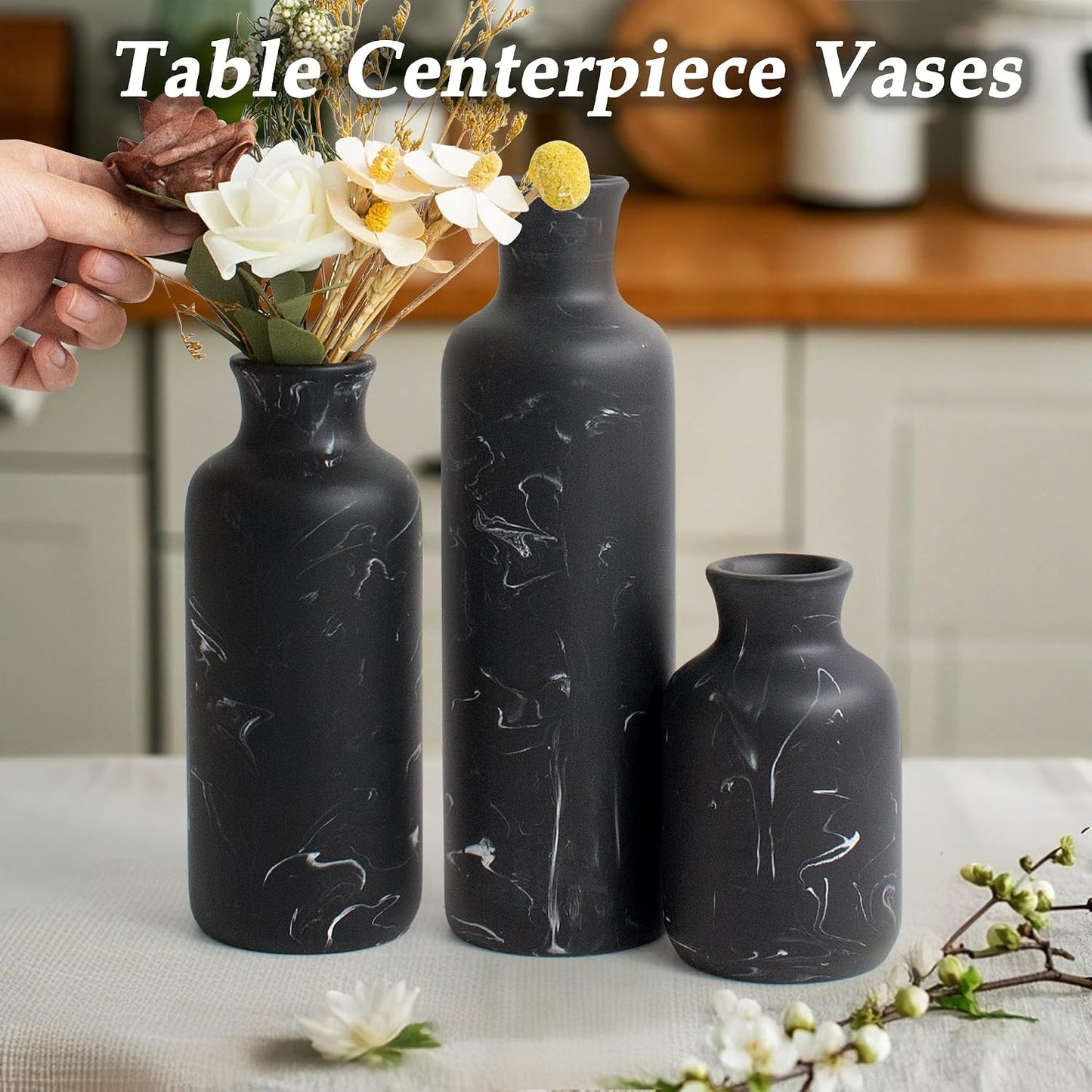 Resin 3 Piece Vase Set / Black Marble Look