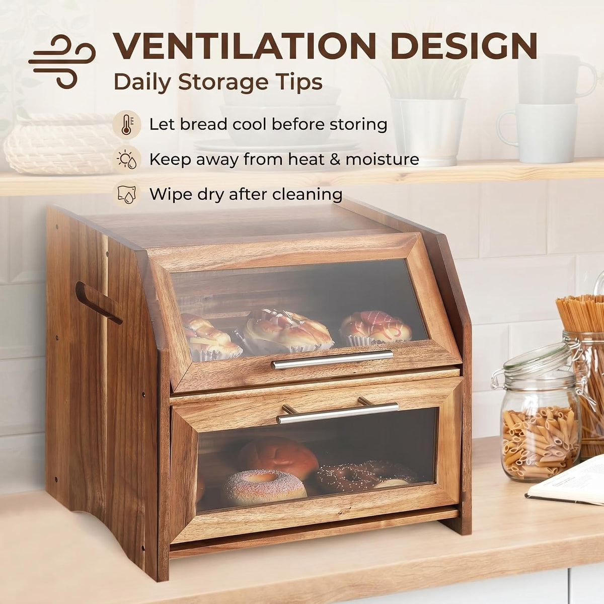 Garvee Acacia Wood Double Layer Bread Box, Clear Acrylic Door | Ventilation Design, Compact Countertop Organizer