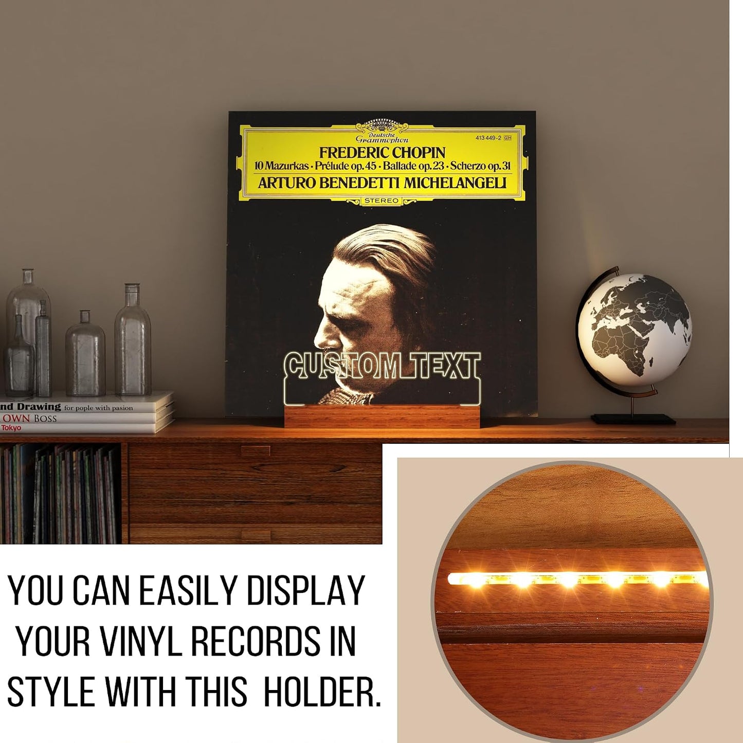 YuanDian Personalised Light up Now Playing Vinyl Record Stand, Now Spinning Record Stand, Wooden Acrylic Holder for