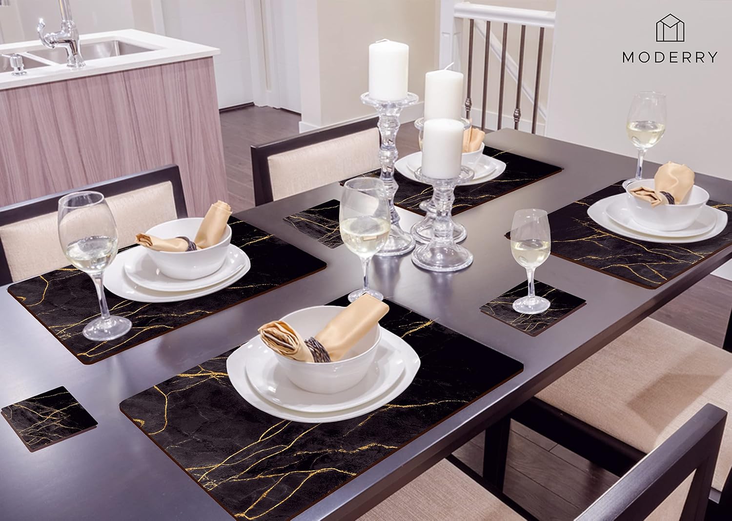 Heat Resistant Cork Placemats for Dining Table / Black & Gold Marble / Set of 4