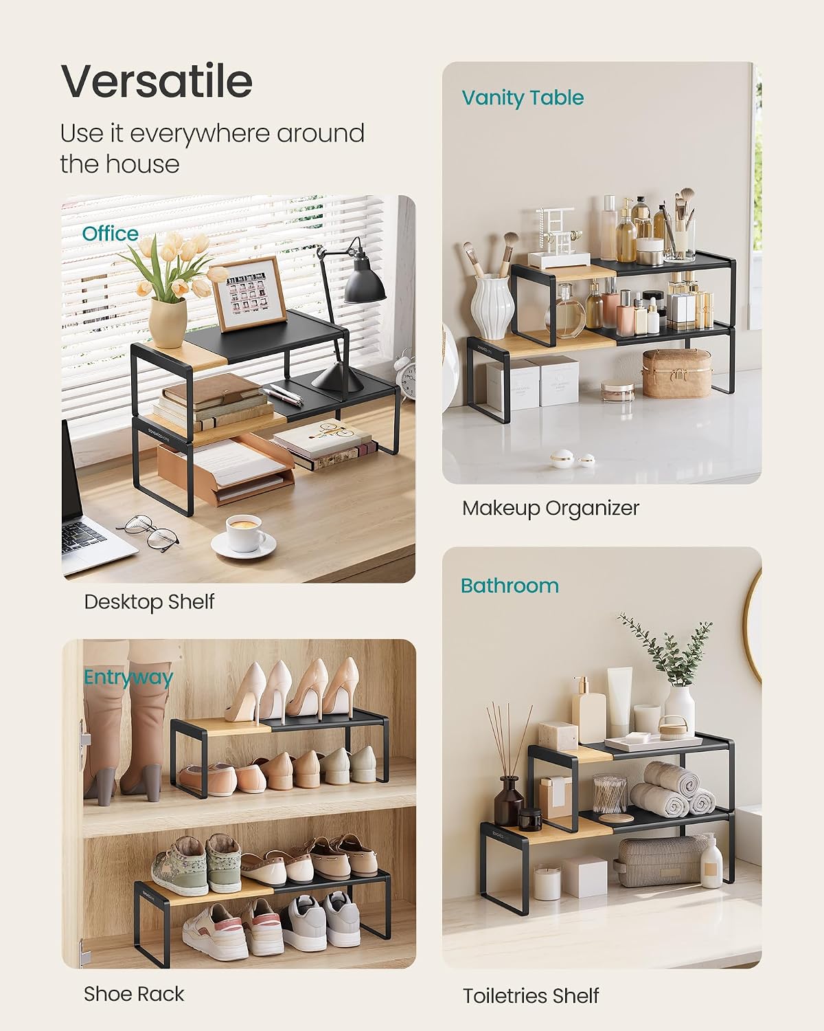 SONGMICS HOME Spice Rack, Expandable Cupboard Shelf Orgnizer,Bamboo | Kitchen Counter Shelves, Bamboo and Steel