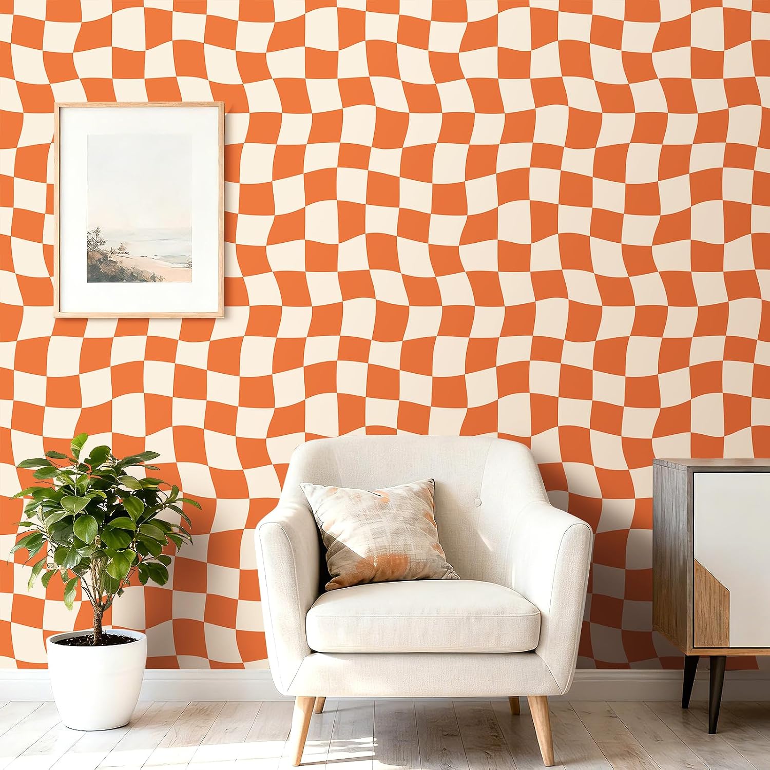 Wallpaper Peel and Stick Burnt Beige Pink Checkered Contact / 17.5 x 80 / Retro Checkered / Orange