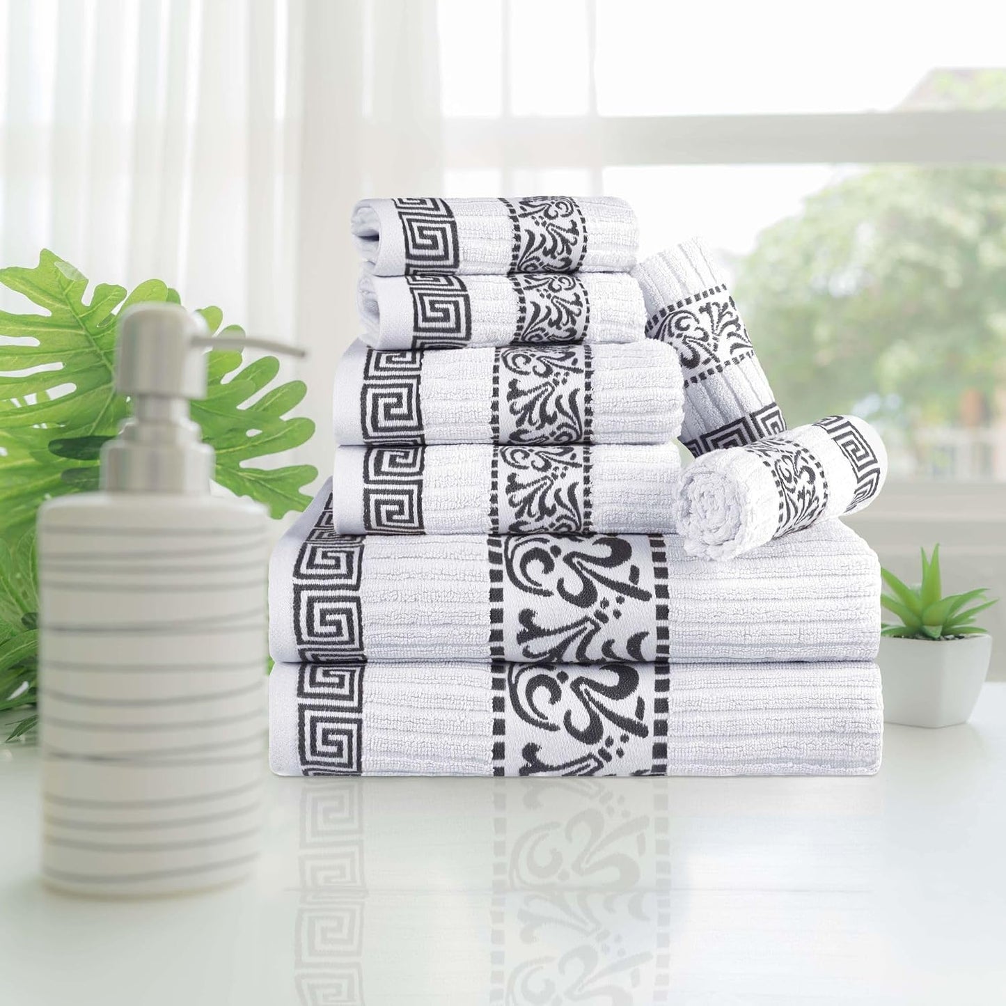Superior 8-Piece Cotton Towel Set, Decorative Greek Pattern, Home Essentials, Absorbent Towels, Decor for Bathroom