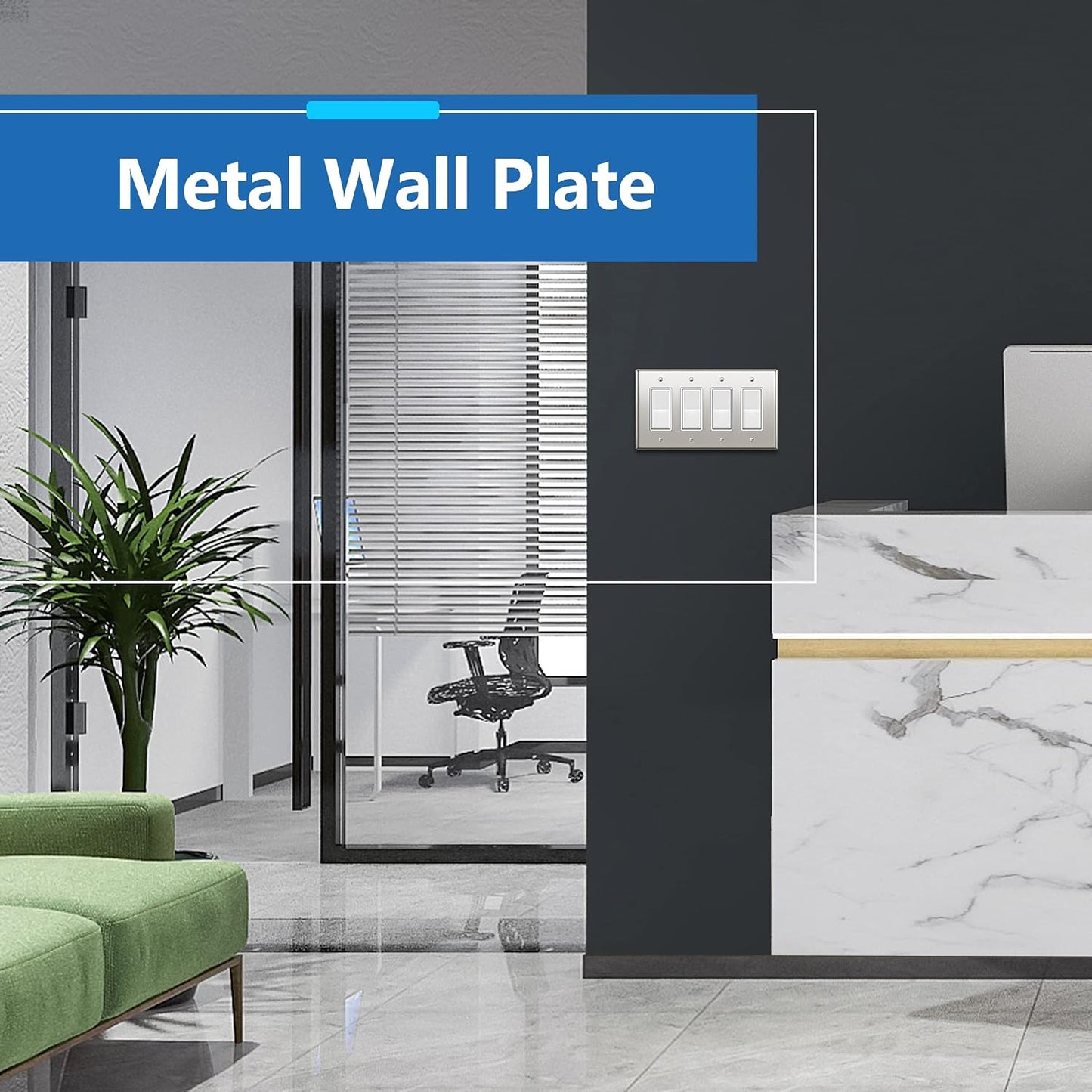 LIDER Decorator Switch or Receptacle Metal Wall Plate, Mid-Size 4-Gang | Stainless Steel, Corrosion Resistant, Outlet
