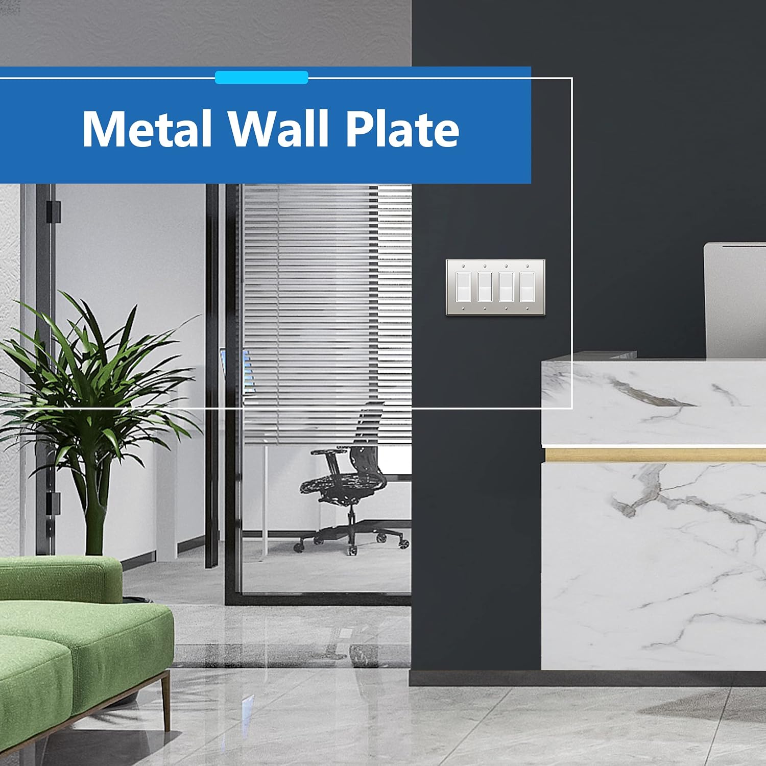 LIDER Decorator Switch or Receptacle Metal Wall Plate, Mid-Size 4-Gang | Stainless Steel, Corrosion Resistant, Outlet