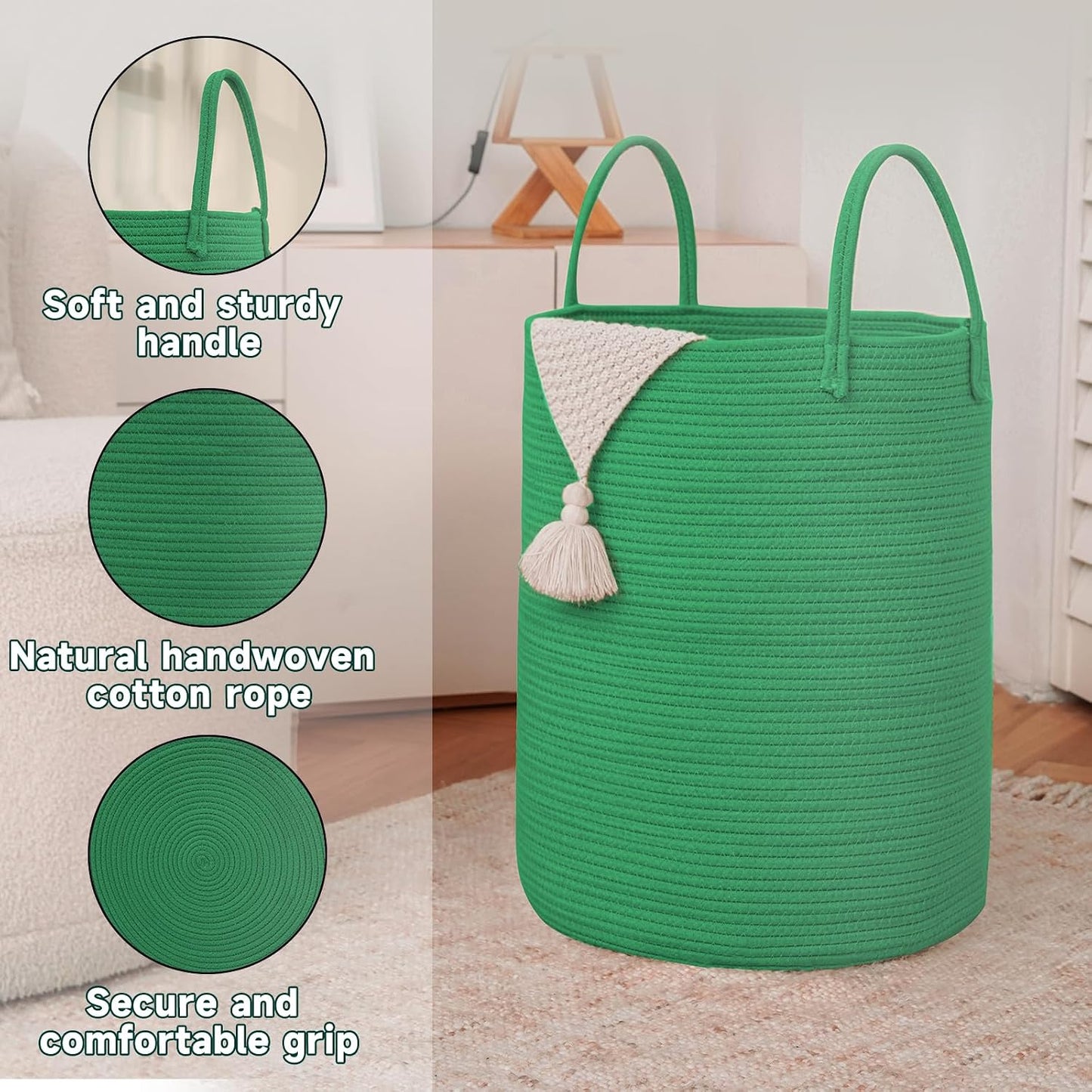 Large Woven Laundry Basket Hamper / Dark Green / 60L