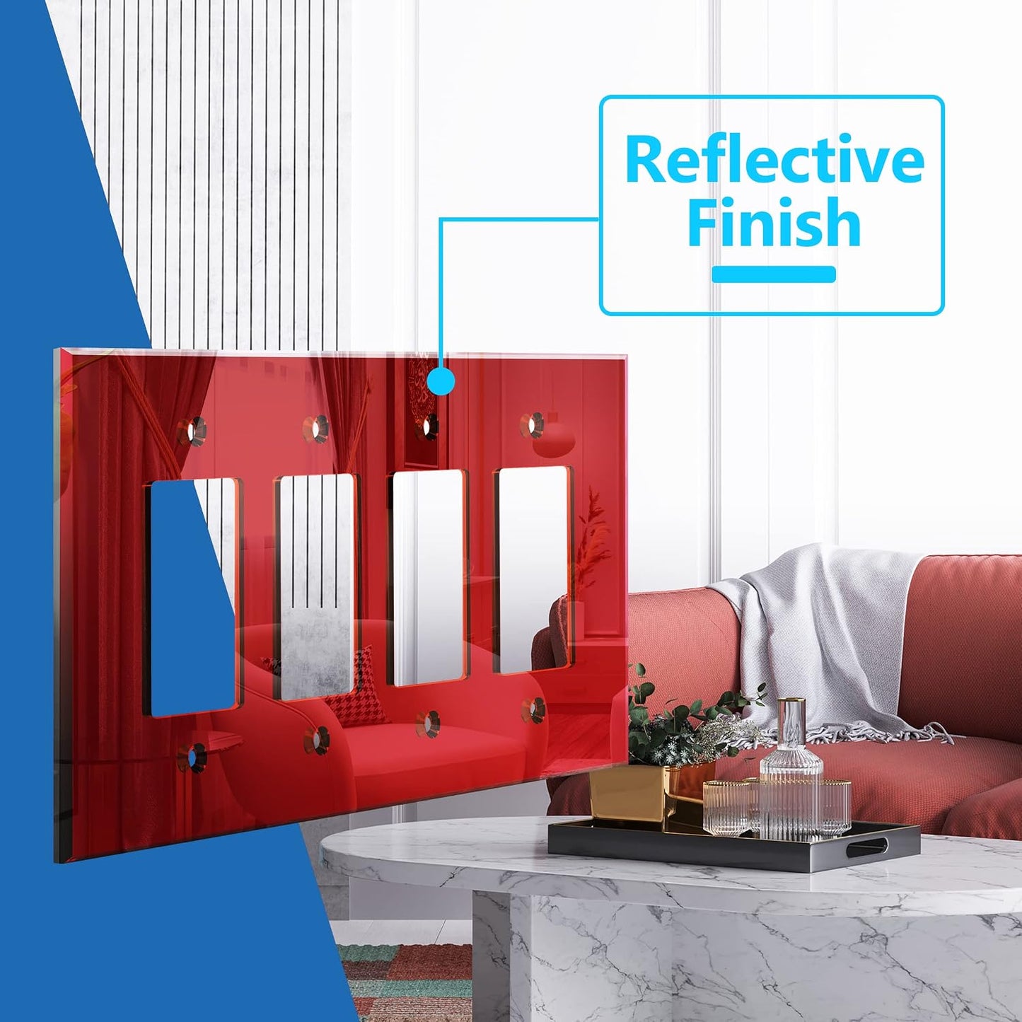 LIDER Reflective Decorator Wall Plate, Oversized 4-Gang, Mirror Glass Red | Mirrored Light Switch Plate, Plexiglass