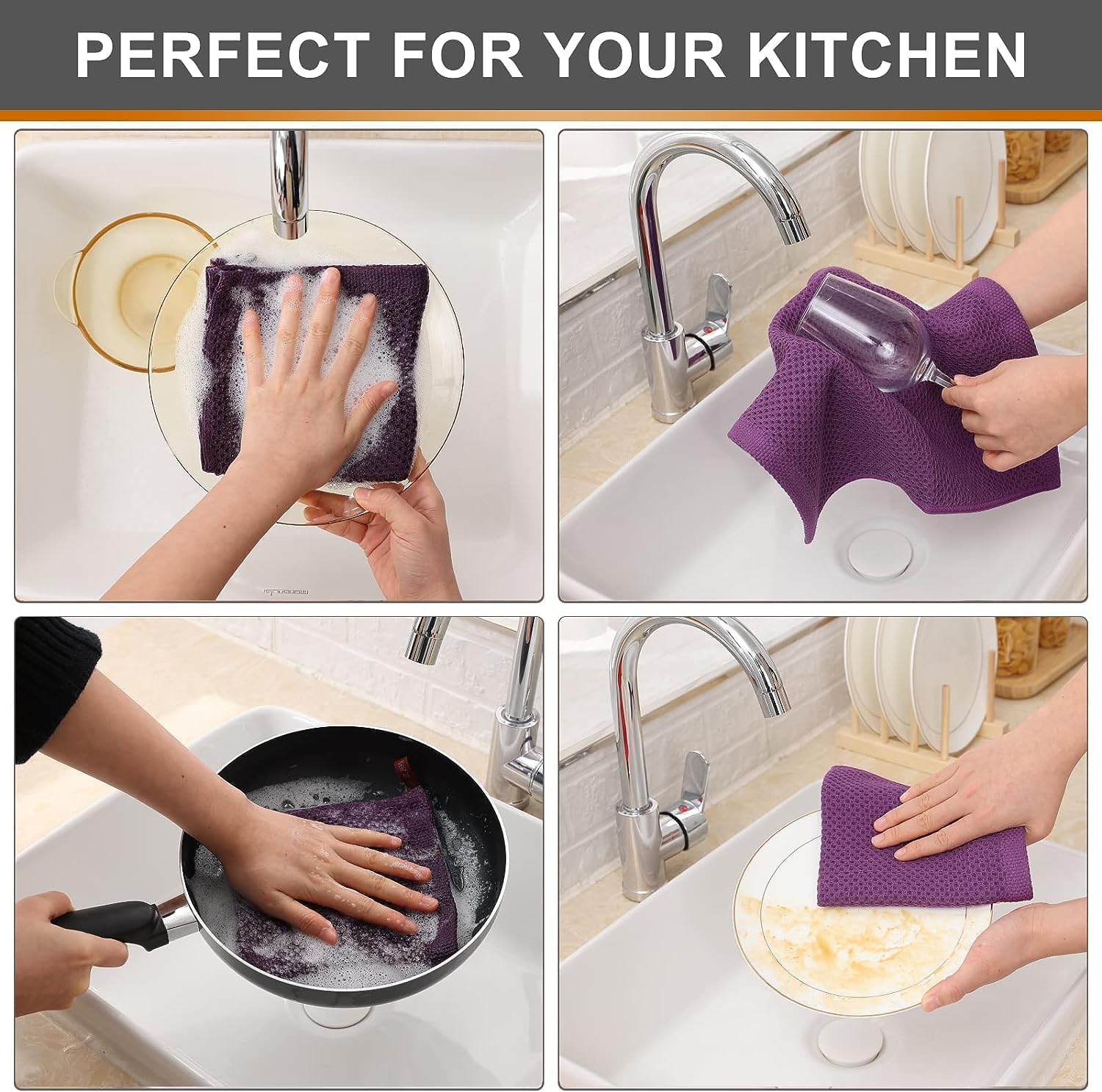 Kitinjoy 100% Cotton Waffle 12-Pack Kitchen Towels, 12" x 12", Violet | Ultra Absorbent, Super Soft, lightweight, Quick