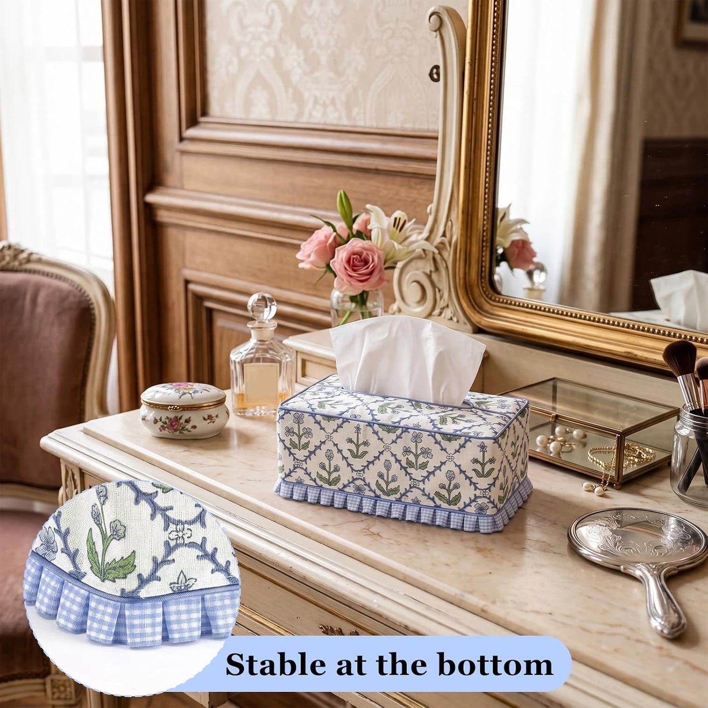 Ruffle Boho Fabric Tissue Box Cover / Trellis Floral