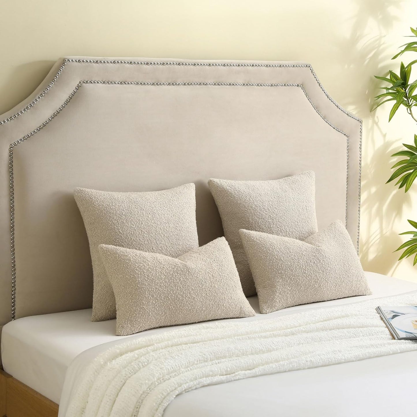 Decorative Throw Pillow Covers Soft Solid Boucle Textured Cushion Case / Beige / 18 x 18 / Set of 2