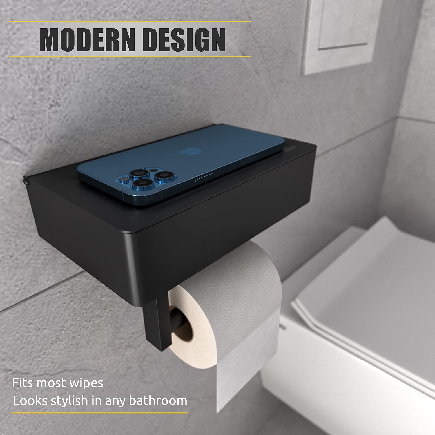Black Toilet Paper Holder Wall Mounted with Shelf & Wipes Storage – Stainless Steel SUS304 Modern Toilet Tissue Roll
