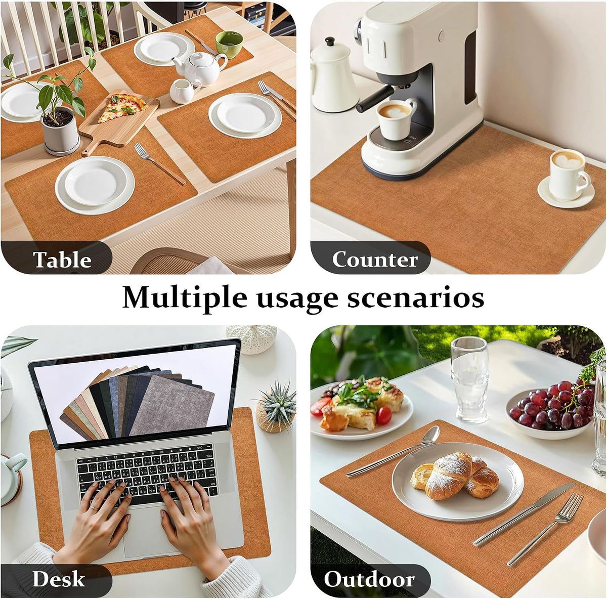 FROMHEART Faux Leather PU Placemats Set of 8 (Orange Grey,11.8" x 17") | Waterproof,Heat/Oil Stain-Resistant Table