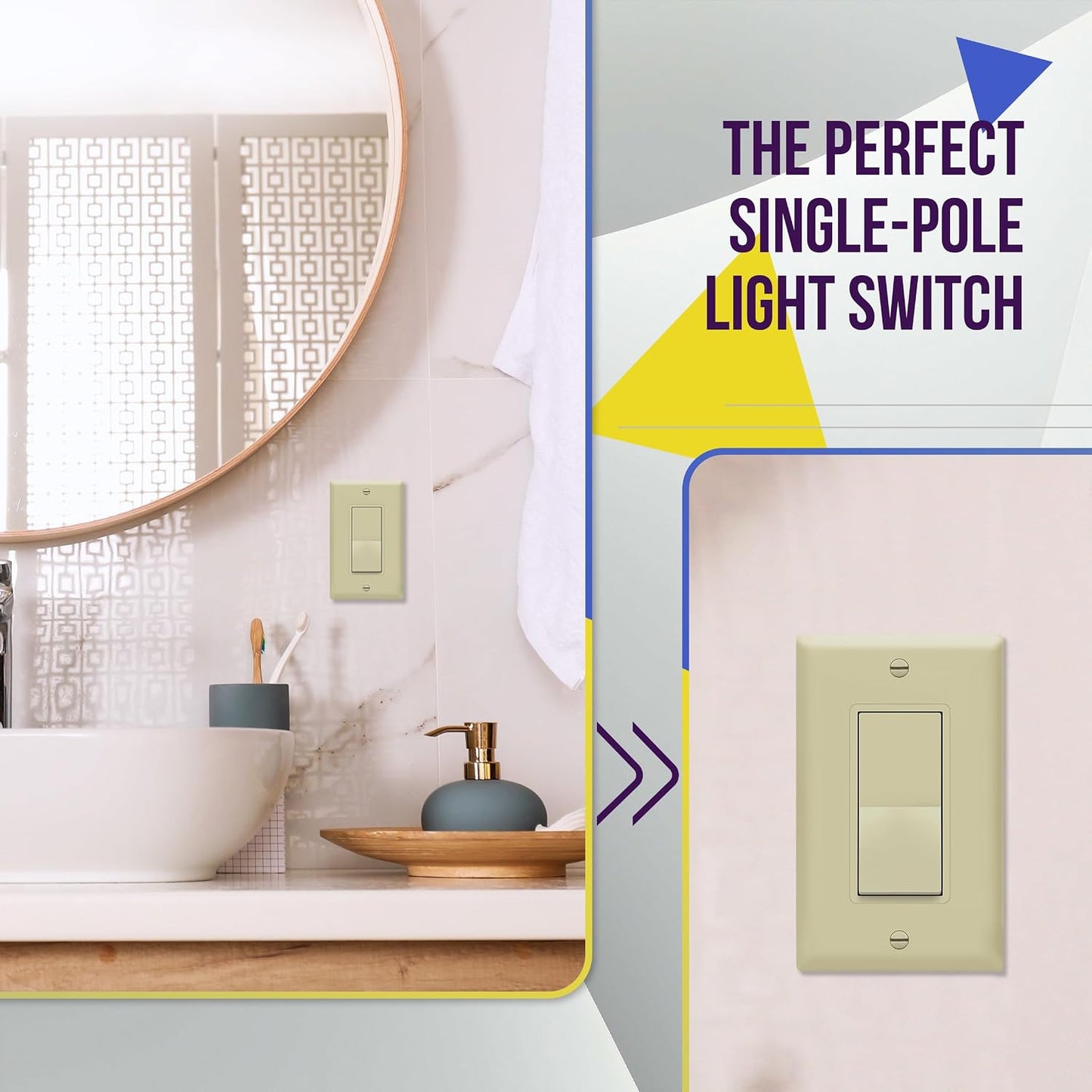 ENERLITES Decorator On/Off Paddle Switch with Wall Plates, Single Pole, 3 Wire, Grounding Screw, Residential Grade, 15A