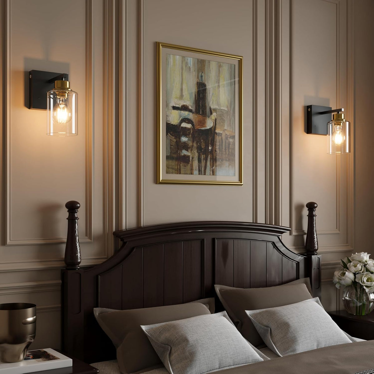 Wireless Battery Operated Wall Sconce Set of Two with Remote Control | Black & Gold Dimmable Rechargeable Wall Lights