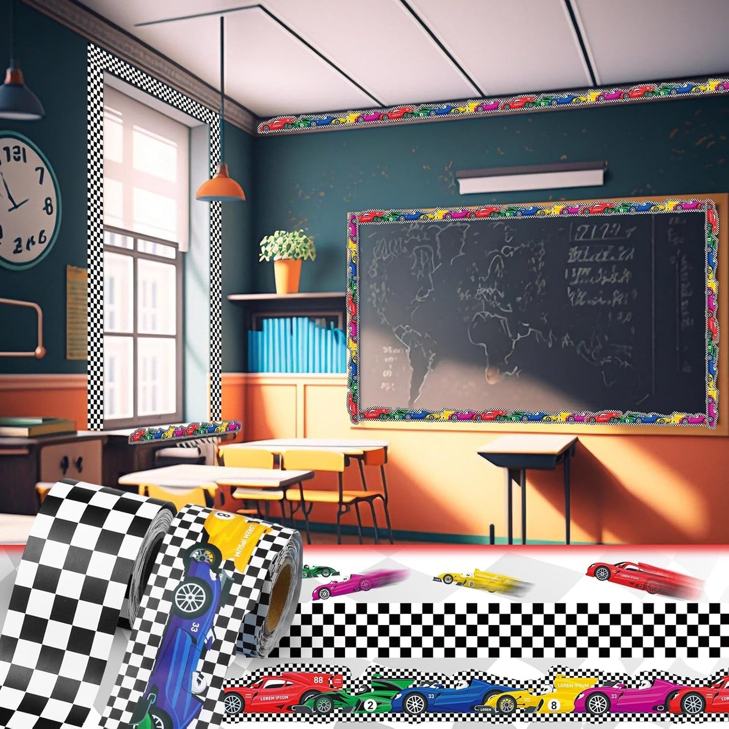 2 Rolls Racing Car Board Borders Decorations Checkerboard Bulletin Board / Racing Style / 65.6 Inch