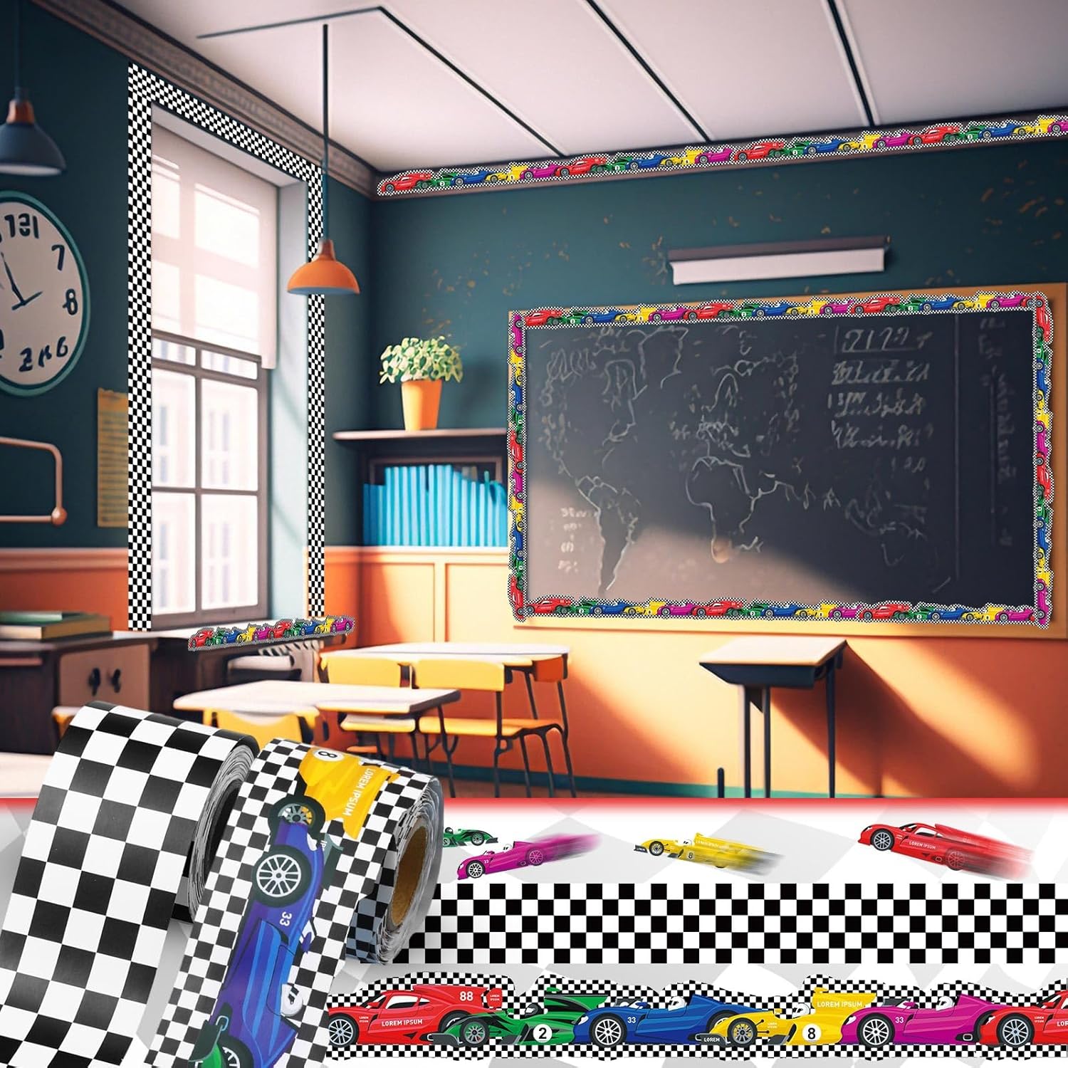 2 Rolls Racing Car Board Borders Decorations Checkerboard Bulletin Board / Racing Style / 65.6 Inch