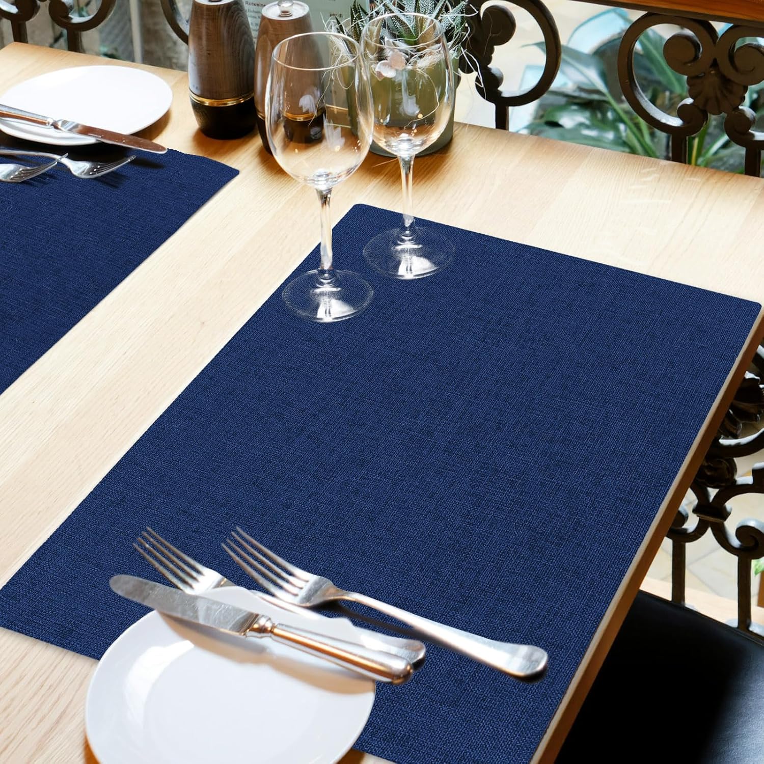 Cloth Placemats Set of 6, Cotton Linen Blend Place Mats, Navy Blue | Machine Washable, Double Layered, Heat Resistant